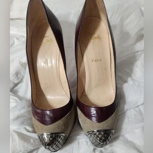 Christian Louboutin; Maggie. Two-Tone Burgundy and Taupe Pumps.